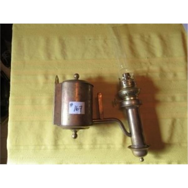 BRASS "WILLIAMS PASE & CO" WALL MOUNT OIL LAMP WITH CHIMNEY