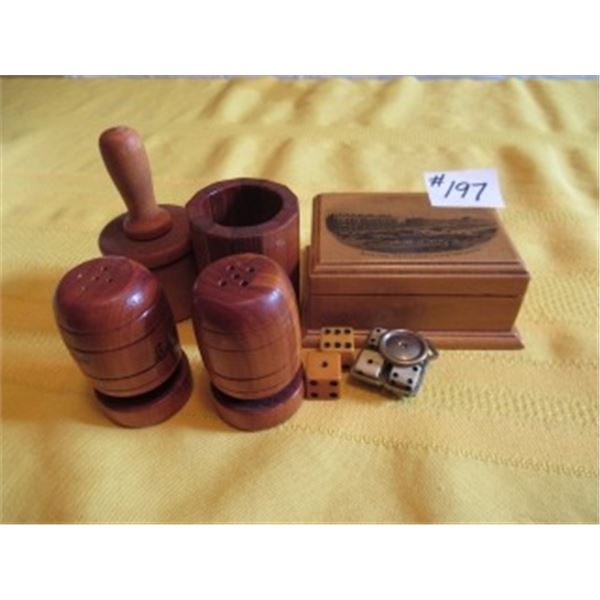 COLLECTIBLE WOOD JEWELRY BOX, DICE, SALT & PEPPER SHAKERS, ETC