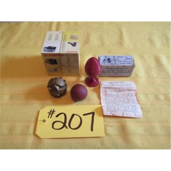 BALL, PIPE ACCESSORIES, ASSORTED PUZZLES, COLLECTIBLE MAGIC TRICK IN ORIGINAL BOX