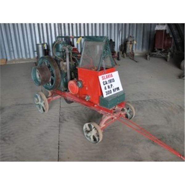 CIRCA 1915 SLAVIA 4 HP ON CART C/W BELT PULLEY
