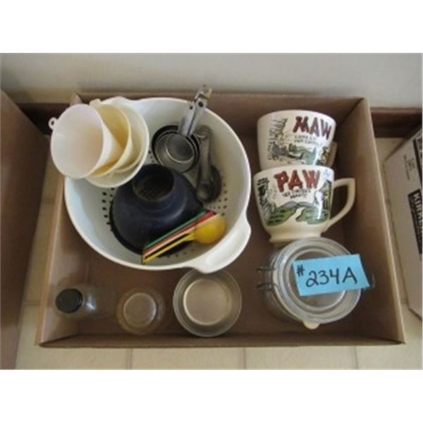 BOX WITH FUNNELS, MEASURING SPOONS, MUGS