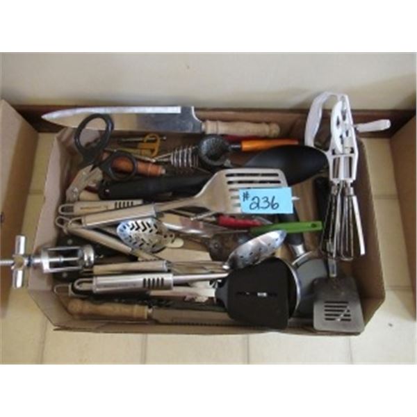 BOX WITH ASSORTED KITCHEN UTENSILS INCLUDING KNIVES, HAND BEATERS