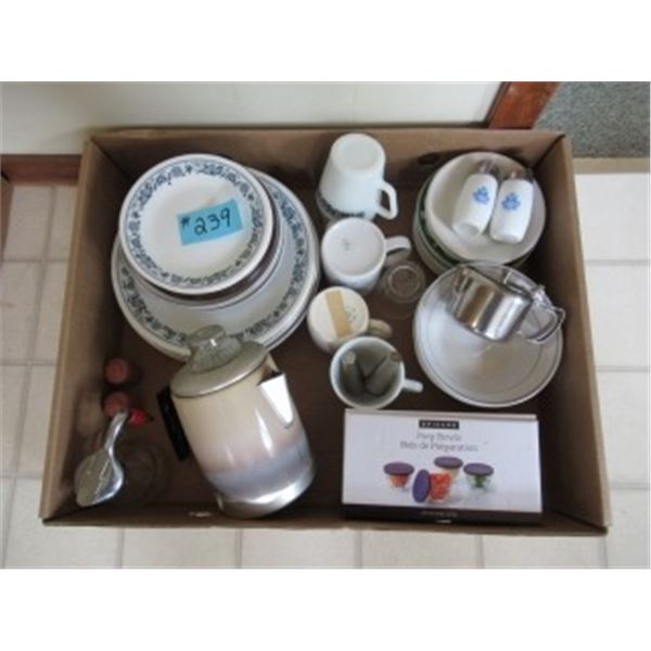 BOX WITH CORELLE DISHWARE, COFFEE POT, CORNINGWARE SALT & PEPPER SHAKERS, ETC