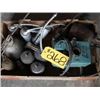 Image 1 : BOX WITH DRILL BIT SHARPENER, GREASE GUNS, APPROX 9 VINTAGE OIL CANS
