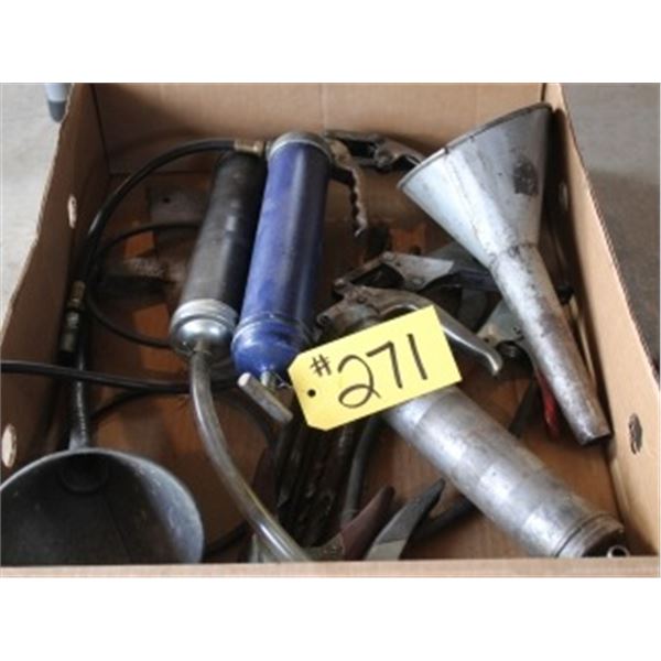 BOX WITH GREASE GUNS, FUNNEL
