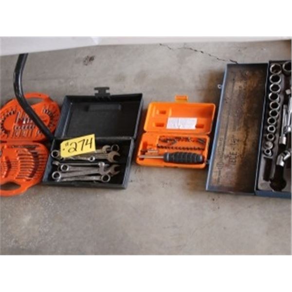 4 TOOL KITS WITH SOCKETS, SCREWDRIVER SET, WRENCHES