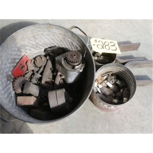 TUB OF ASSORTED GEARS, SPARK PLUGS, ETC