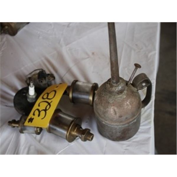 4 BRASS OILERS, OIL CAN & SPARK PLUG