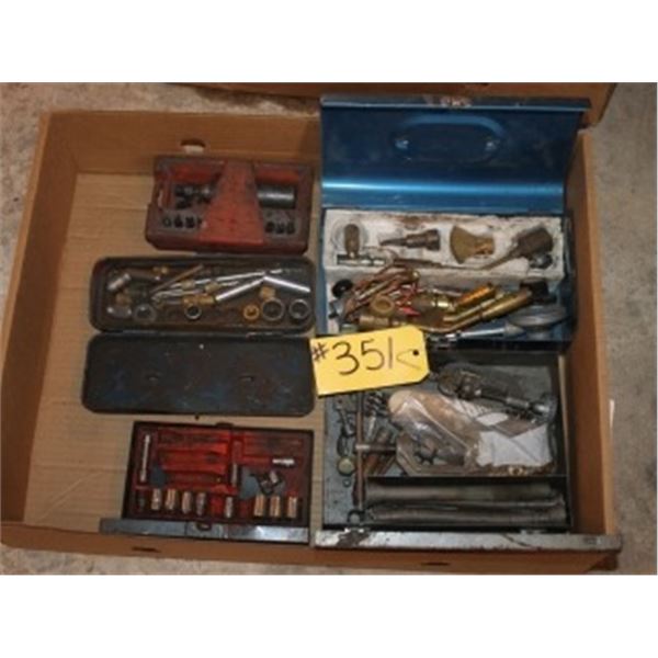 BOX WITH SOCKETS, WRENCHES, PROPANE TORCH ATTACHMENTS