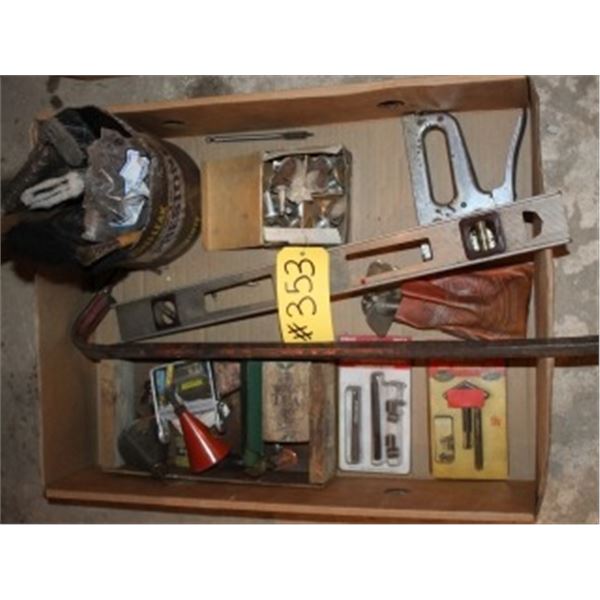 BOX WITH LEVEL, STAPLER, FUNNELS, PAINT BRUSHES