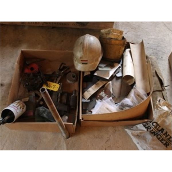 2 BOXES WITH HARD HATS, TOOLS, SAND PAPER