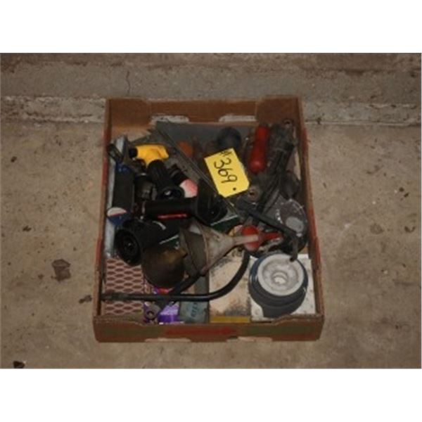 BOX WITH SOLDER, WOOD CLAMPS, ROLL OF POLY, MISC TOOLS