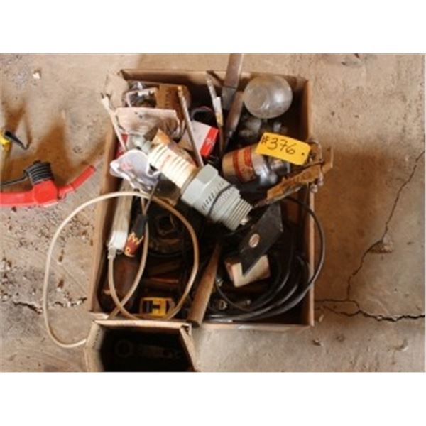 APPROX 4 BOXES WITH GREASE GUNS, NEW QUAD BATTERY, MISC SCREWS