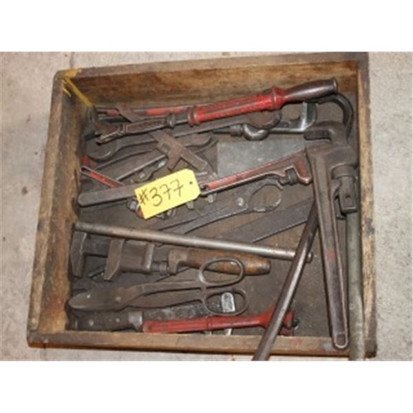 BOX OF SNIPS, MONKEY WRENCH, NAIL PULLER