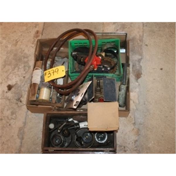 2 BOXES OF HOSE, STRING, FITTINGS, HOLE SAWS