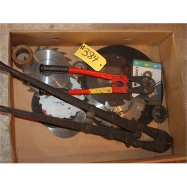 BOX OF BOLT CUTTERS, SAW BLADES