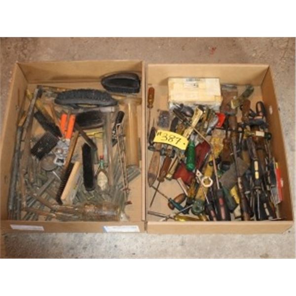 2 BOXES OF SCREWDRIVERS, SNIPS, BRUSHES