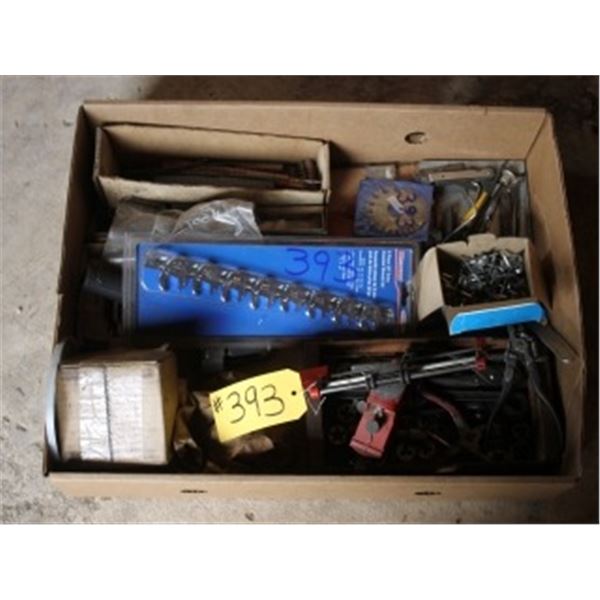 BOX WITH POWER SAW SHARPENER, CROW FOOT WRENCH SET, TAPS,