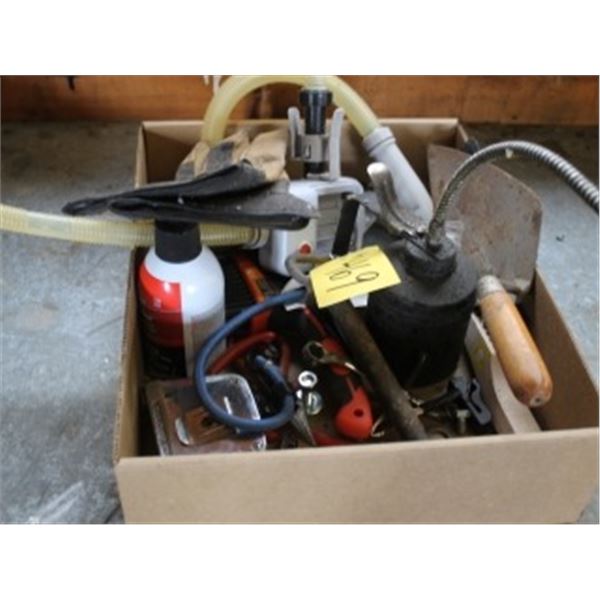BOX WITH AIR HORN, OIL CAN, TROWELS, ETC