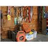 Image 1 : CONTENTS ON FLOOR & WALL INCLUDING EXTENSION CORDS & REELS, SAWS, SCREW DRIVERS, LEVEL