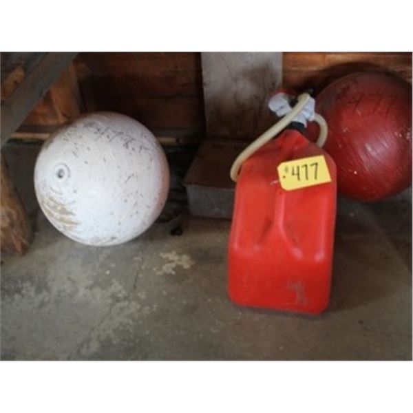 JERRY CAN C/W PUMP, WHITE & RED WOOD BALLS