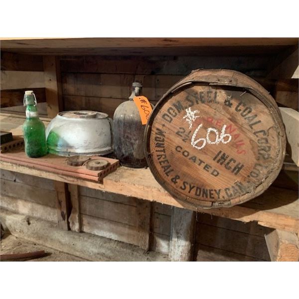 OLD JUGS, WIRE NAIL KEG