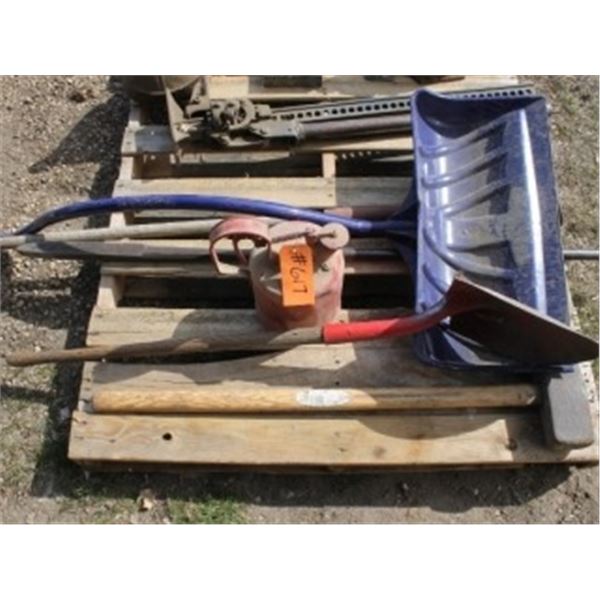 GAS CAN, SNOW SHOVEL, SLEDGE HAMMER, BAR