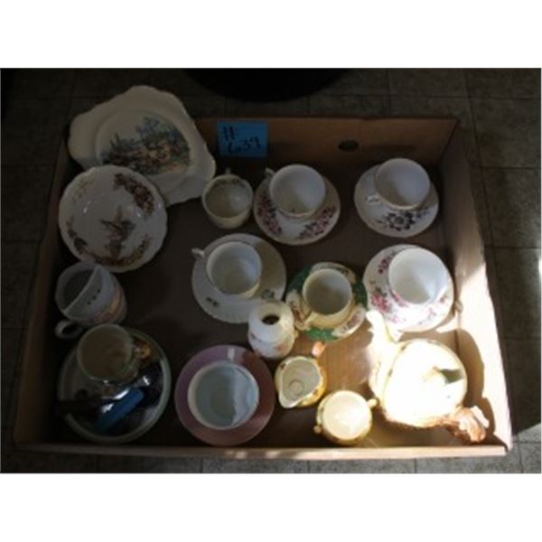 BOX WITH ASSORTED ENGLISH CUPS & SAUCERS, PLATES