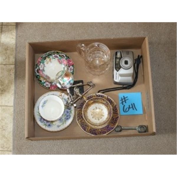 BOX WITH CUPS & SAUCERS, A&W MUG, MAGNIFYING GLASS, CAMERA