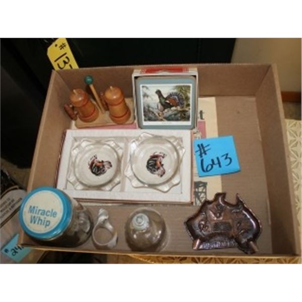 BOX WITH COASTERS, ASHTRAYS, SALT & PEPPER SHAKERS