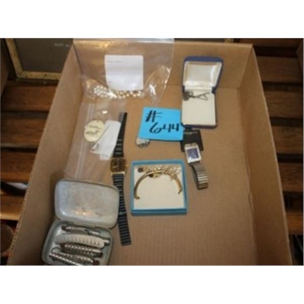 BOX WITH WATCHES, METAL HAIR CURLERS, NECKLACES