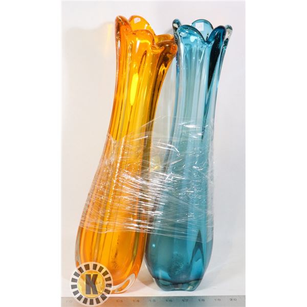 2 DECORATIVE GLASSWARE; COLOR- ORANGE, BLUE
