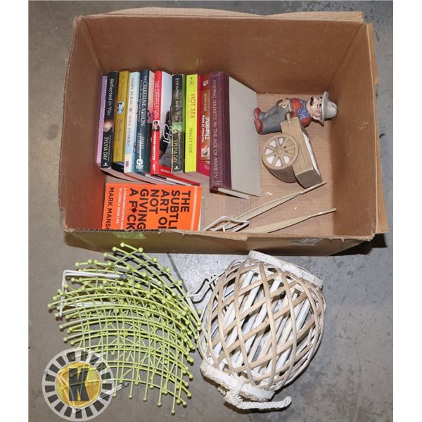 BOX OF SELF-CARE BOOKS AND HOME DECORATIVE ITEMS