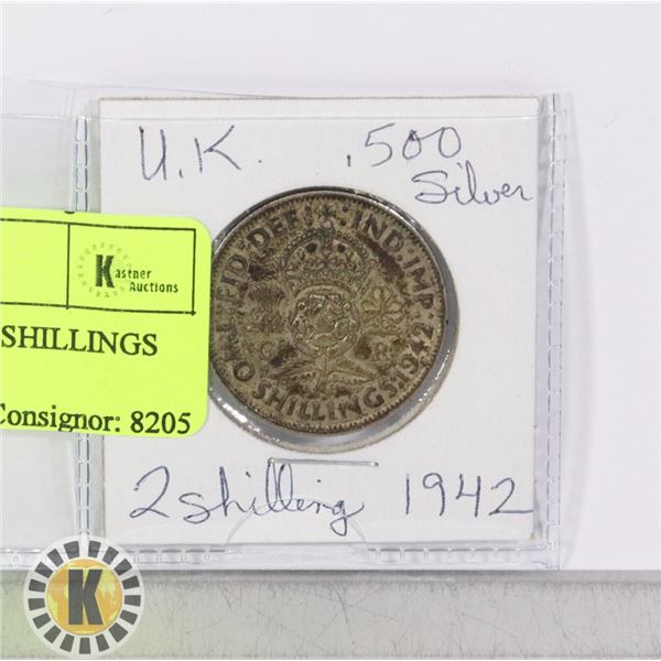 1, .500 SILVER UK 1942 2 SHILLINGS COIN