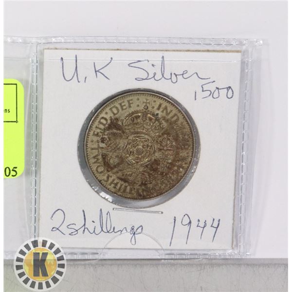 1, .500 SILVER UK 1944 2 SHILLINGS COIN