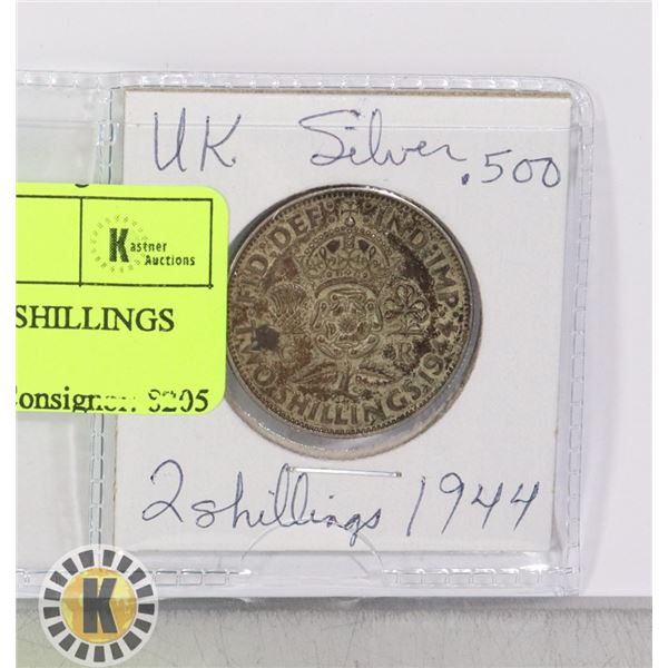 1, .500 SILVER UK 1944 2 SHILLINGS COIN