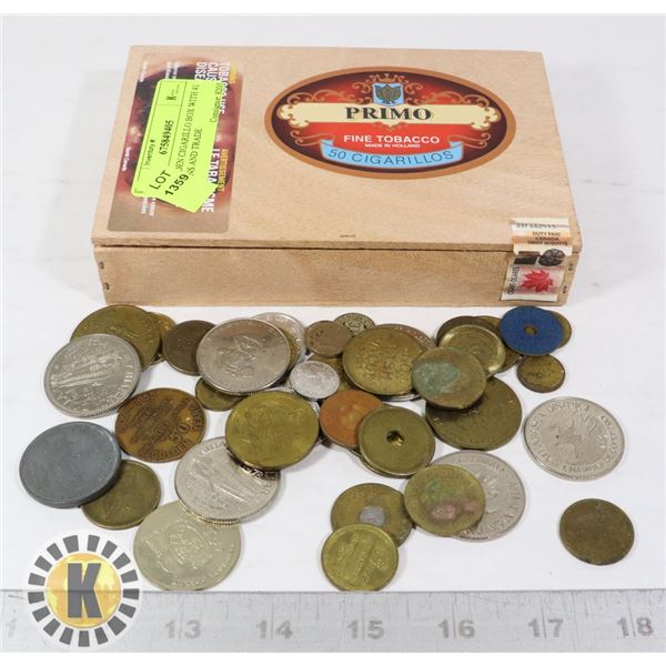 1 WOODEN CIGARILLO BOX WITH 41 TOKENS AND TRADE