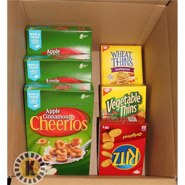 BOX OF CEREAL AND CRACKERS
