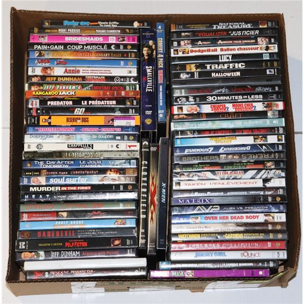 BOX WITH 65 DVD MOVIES INCL. ACTION, COMEDY,
