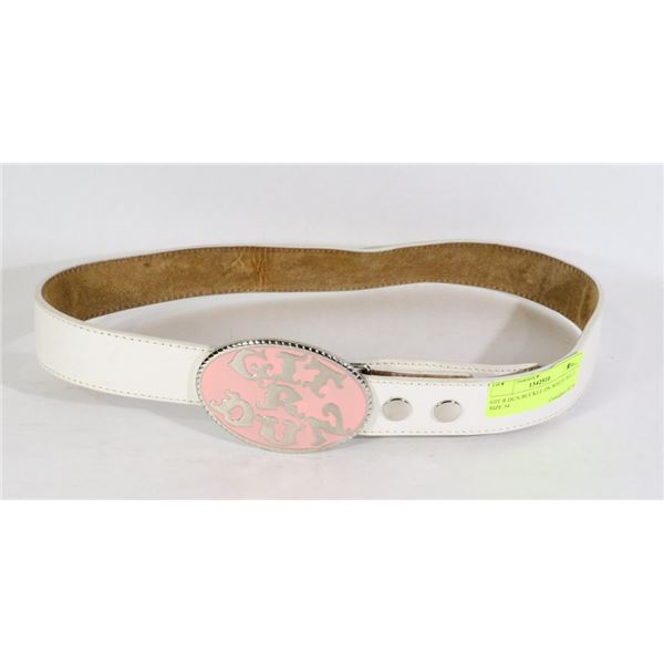 GIT R DUN BUCKLE ON WHITE BELT SIZE 34