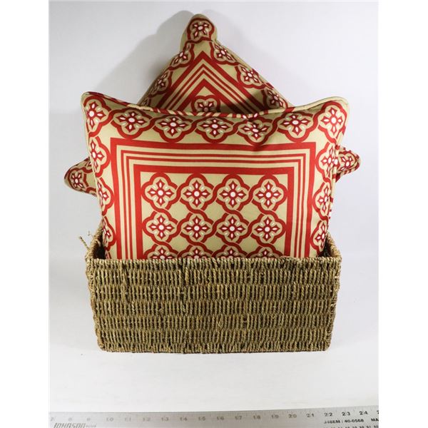 2 RED ACCENT PILLOWS IN WICKER RATTAN BASKET