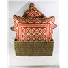 Image 1 : 2 RED ACCENT PILLOWS IN WICKER RATTAN BASKET