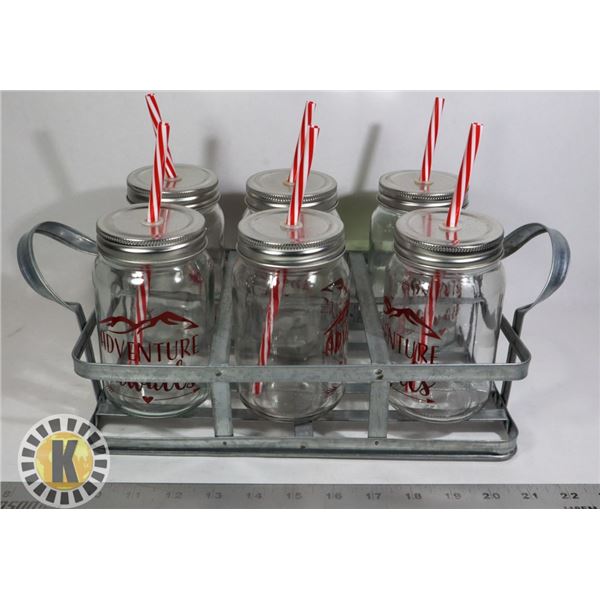 6 JAR DRINKING SET IN METAL HOLDER TRAY