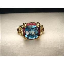 14K YG Gold Blue Topaz Ruby Diamond Ring #1870607