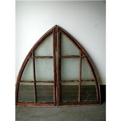 Arched Walnut Windows  Chicken Wire Glass 19th #1872972