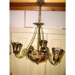 Italian Chandelier Brass Pink Etched Glass 19th#1872995