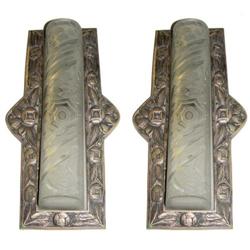 Pair Art Deco Bronze & Schneider Glass Sconces #1873349