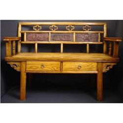 Chinese Antique Bench w/ Carved Scenic Panels #1873755