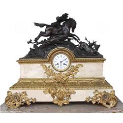 19c French Hunt Scen Bronze Mantle Clock #1873847