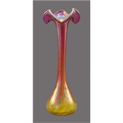 Czech Bohemian Raspberry + Green Art Glass Vase#1888179